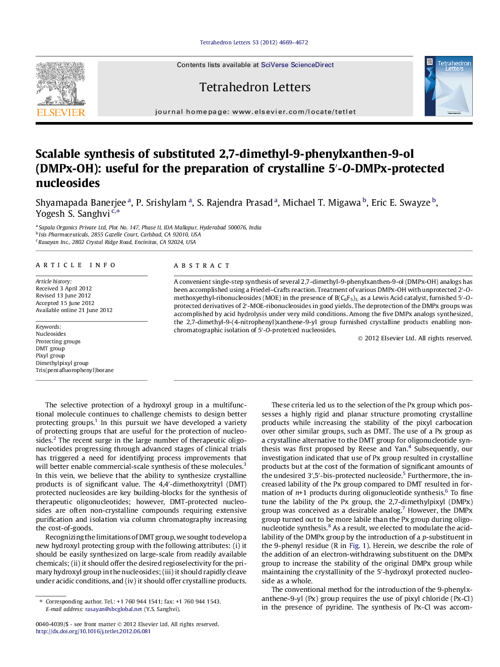 Scalable synthesis of substituted 2,7-dimethyl-9-phenylxanthen-9-ol (DMPx-OH): useful for the preparation of crystalline 5â²-O-DMPx-protected nucleosides