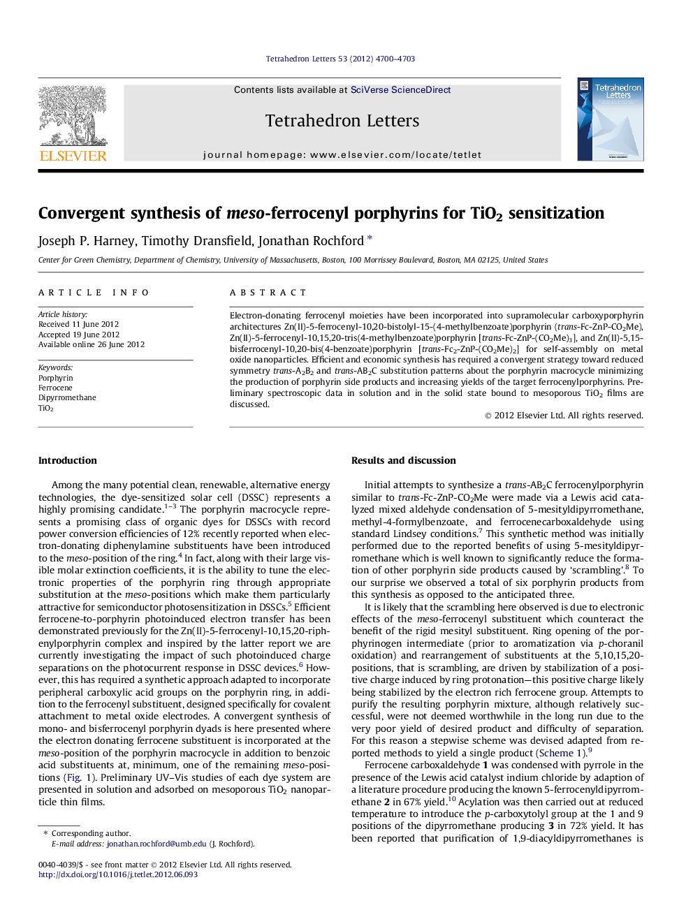 Convergent synthesis of meso-ferrocenyl porphyrins for TiO2 sensitization