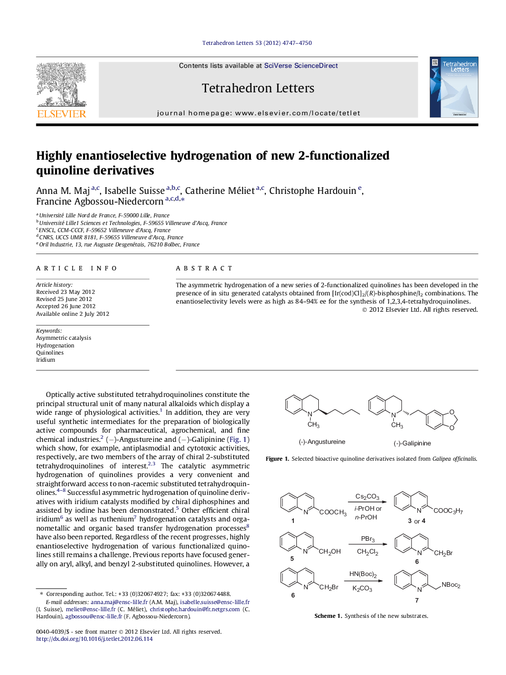 Highly enantioselective hydrogenation of new 2-functionalized quinoline derivatives