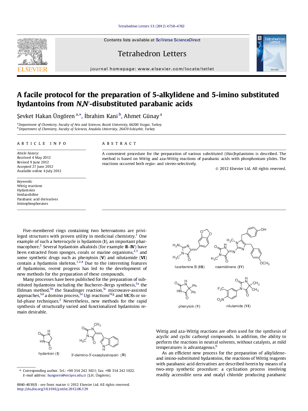 A facile protocol for the preparation of 5-alkylidene and 5-imino substituted hydantoins from N,Nâ²-disubstituted parabanic acids