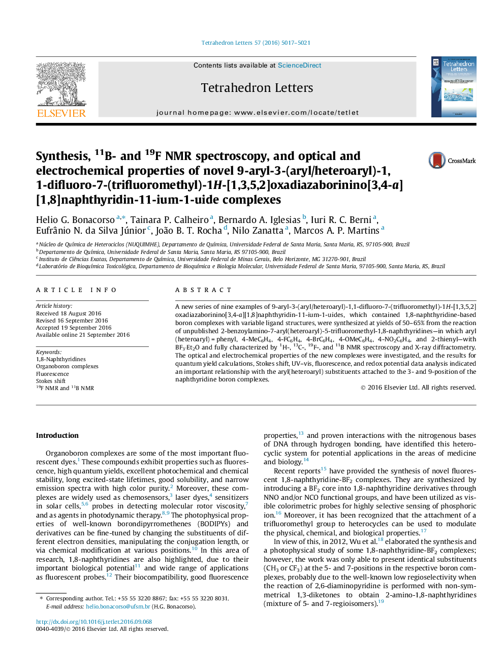 Synthesis, 11B- and 19F NMR spectroscopy, and optical and electrochemical properties of novel 9-aryl-3-(aryl/heteroaryl)-1,1-difluoro-7-(trifluoromethyl)-1H-[1,3,5,2]oxadiazaborinino[3,4-a][1,8]naphthyridin-11-ium-1-uide complexes