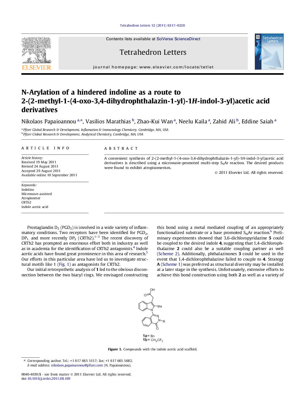 N-Arylation of a hindered indoline as a route to 2-(2-methyl-1-(4-oxo-3,4-dihydrophthalazin-1-yl)-1H-indol-3-yl)acetic acid derivatives