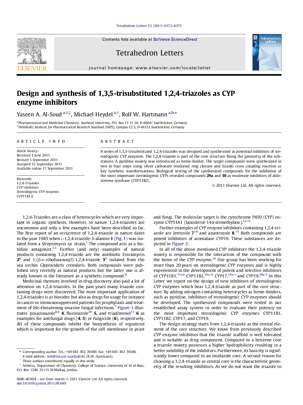 Design and synthesis of 1,3,5-trisubstituted 1,2,4-triazoles as CYP enzyme inhibitors