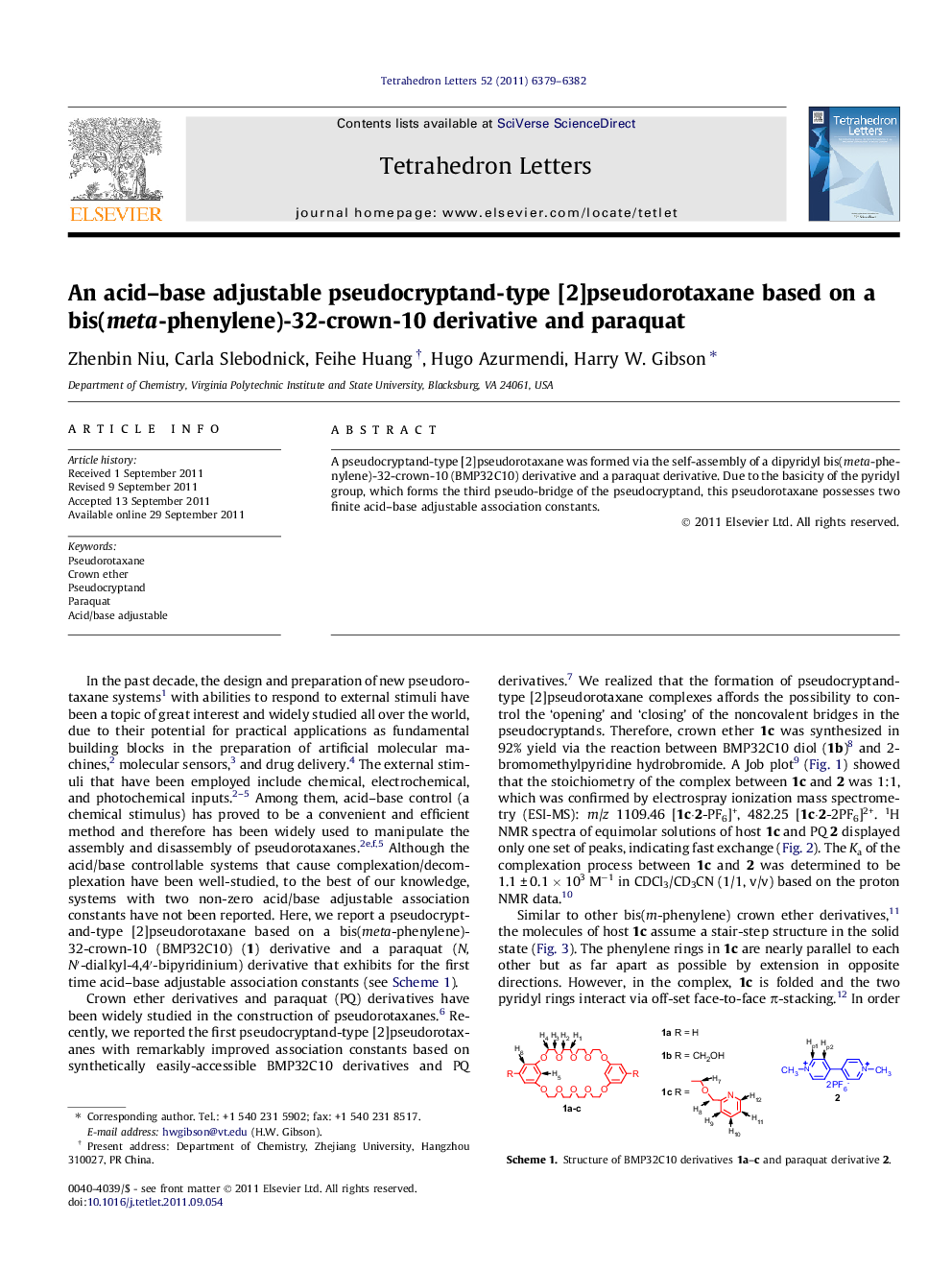 An acid-base adjustable pseudocryptand-type [2]pseudorotaxane based on a bis(meta-phenylene)-32-crown-10 derivative and paraquat