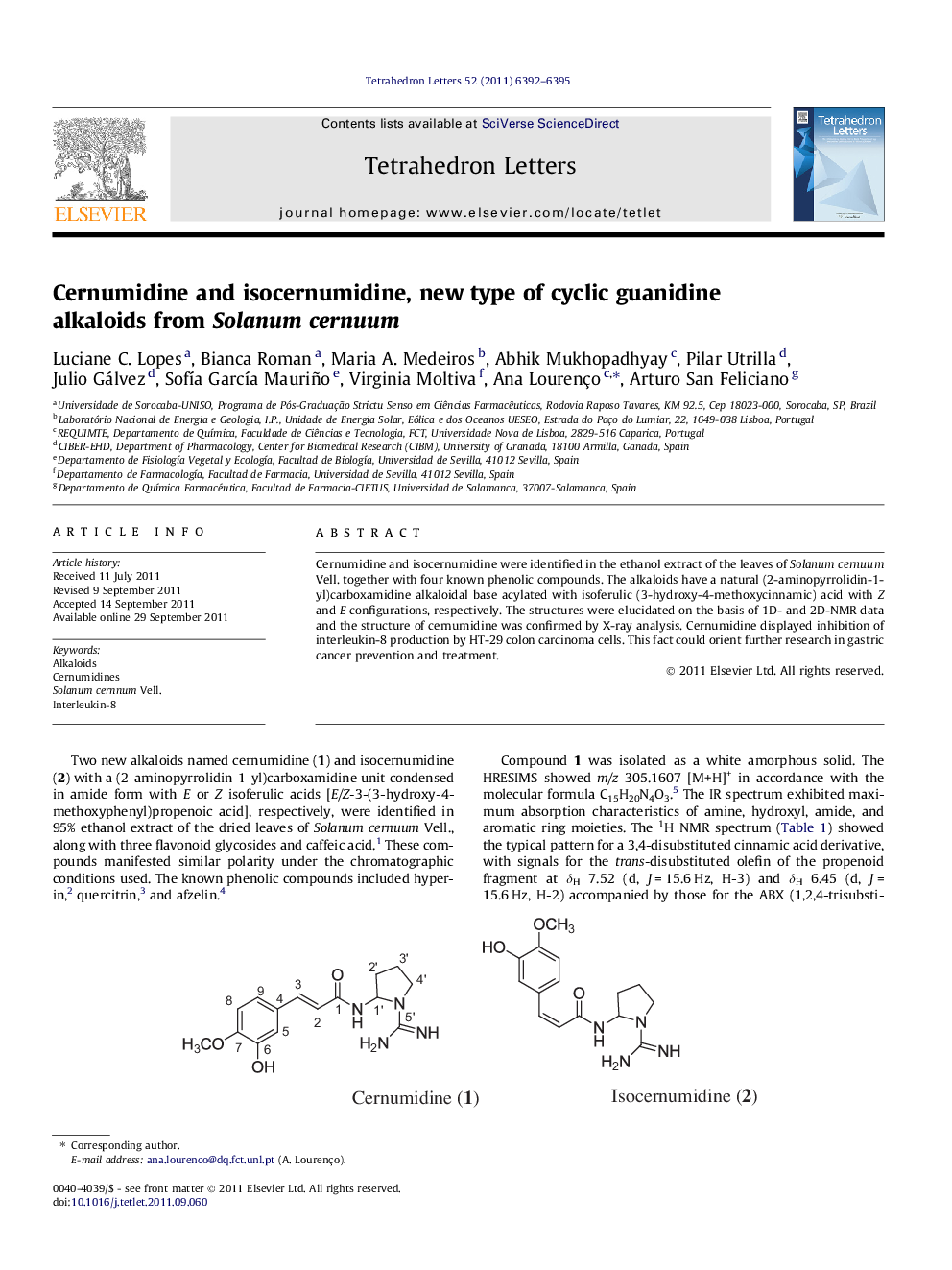 Cernumidine and isocernumidine, new type of cyclic guanidine alkaloids from Solanum cernuum