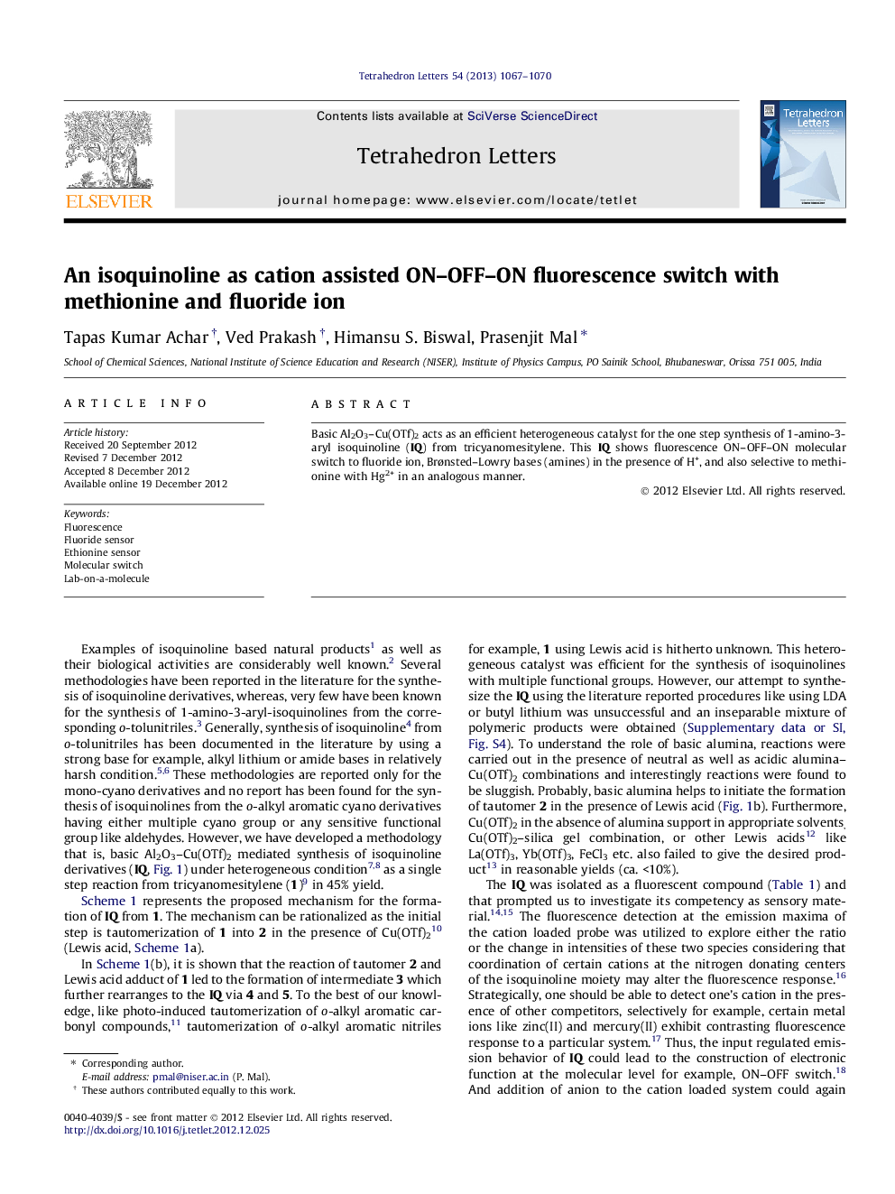 An isoquinoline as cation assisted ON-OFF-ON fluorescence switch with methionine and fluoride ion