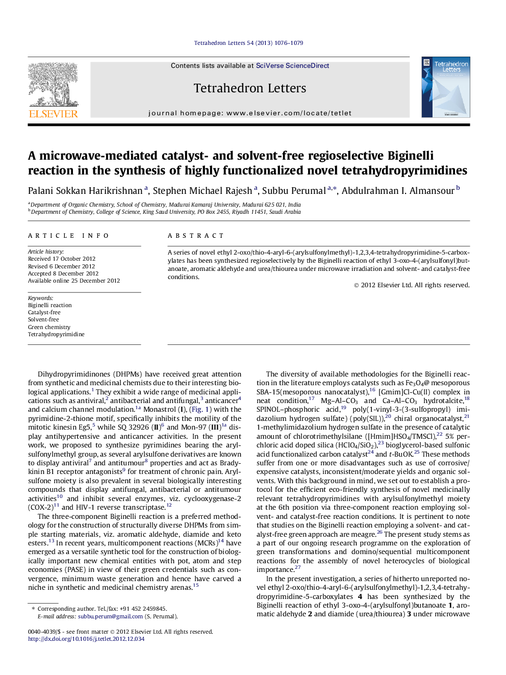 A microwave-mediated catalyst- and solvent-free regioselective Biginelli reaction in the synthesis of highly functionalized novel tetrahydropyrimidines