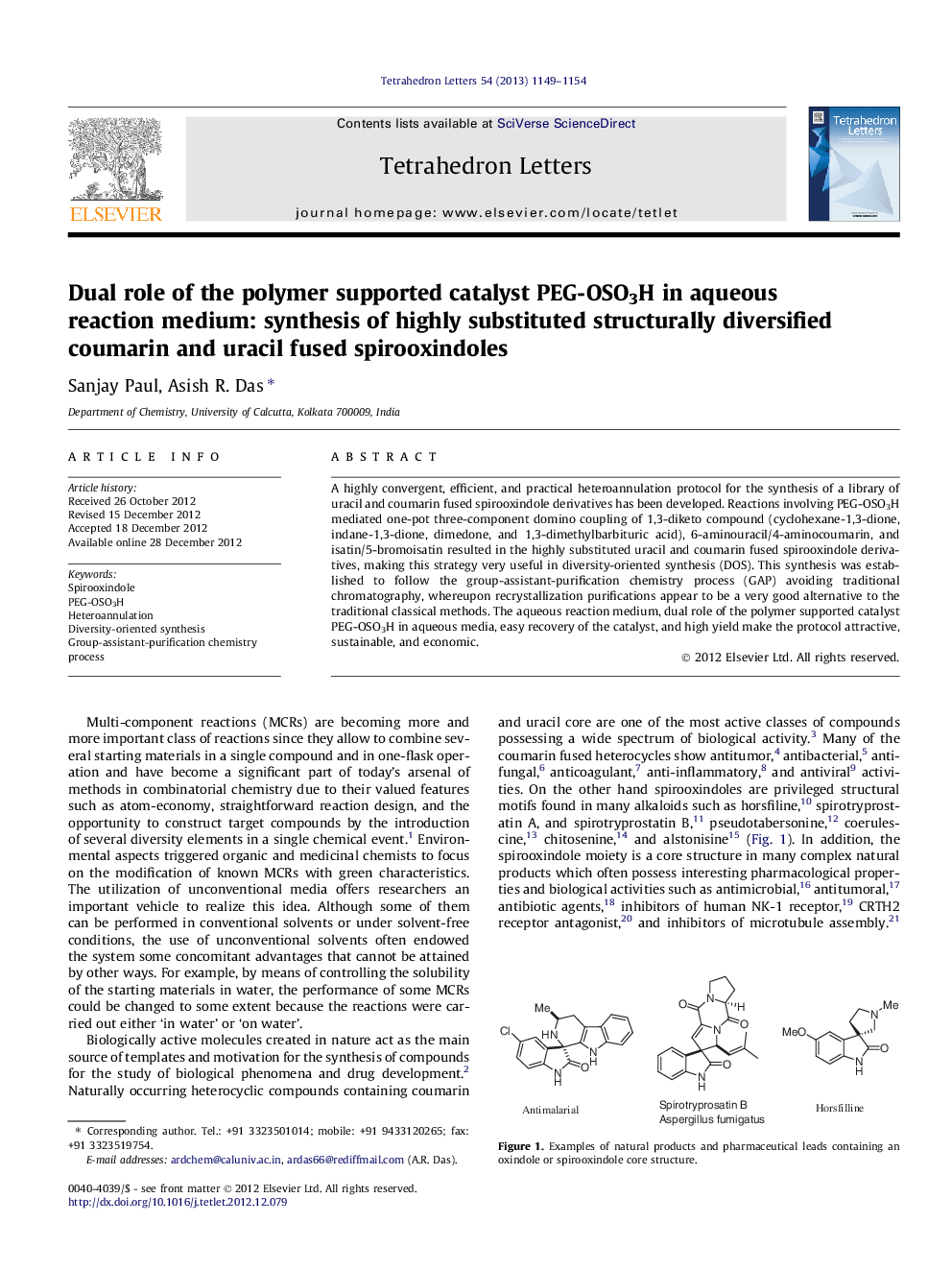 Dual role of the polymer supported catalyst PEG-OSO3H in aqueous reaction medium: synthesis of highly substituted structurally diversified coumarin and uracil fused spirooxindoles