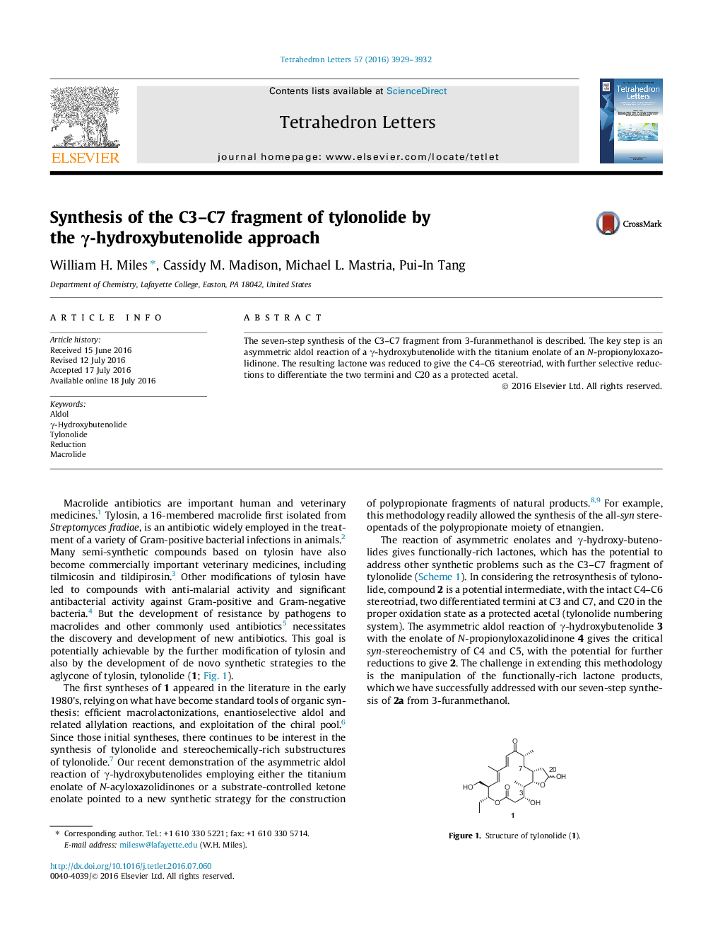 Synthesis of the C3-C7 fragment of tylonolide by the Î³-hydroxybutenolide approach