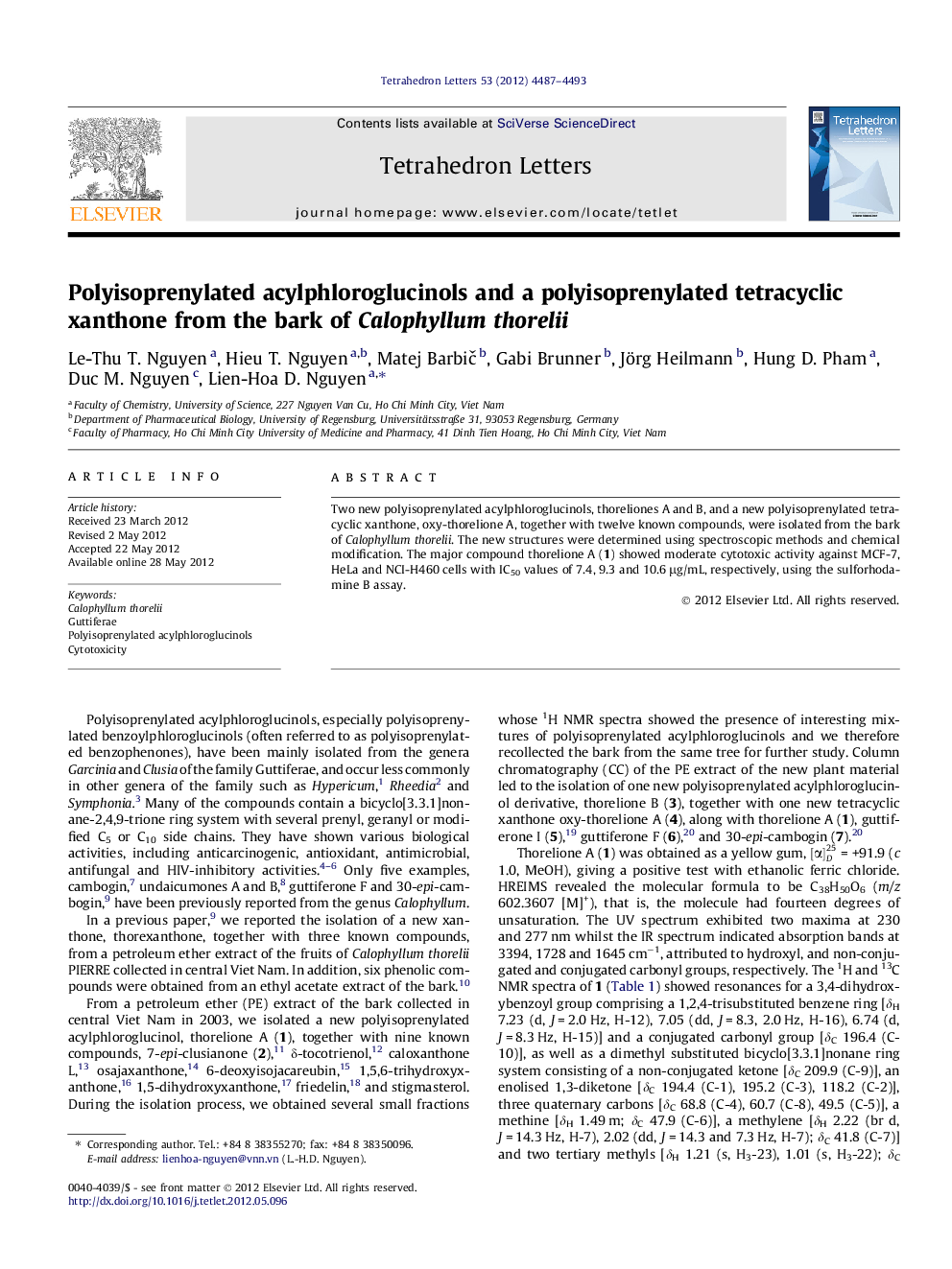 Polyisoprenylated acylphloroglucinols and a polyisoprenylated tetracyclic xanthone from the bark of Calophyllum thorelii