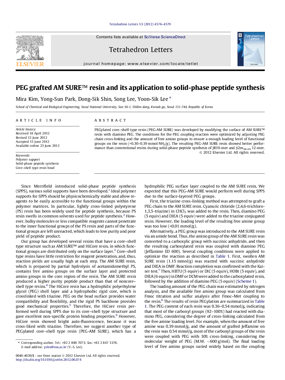 PEG grafted AM SUREâ¢ resin and its application to solid-phase peptide synthesis