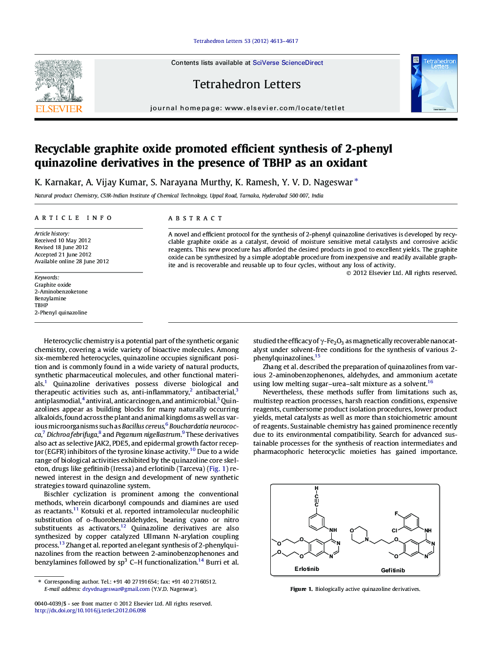 Recyclable graphite oxide promoted efficient synthesis of 2-phenyl quinazoline derivatives in the presence of TBHP as an oxidant