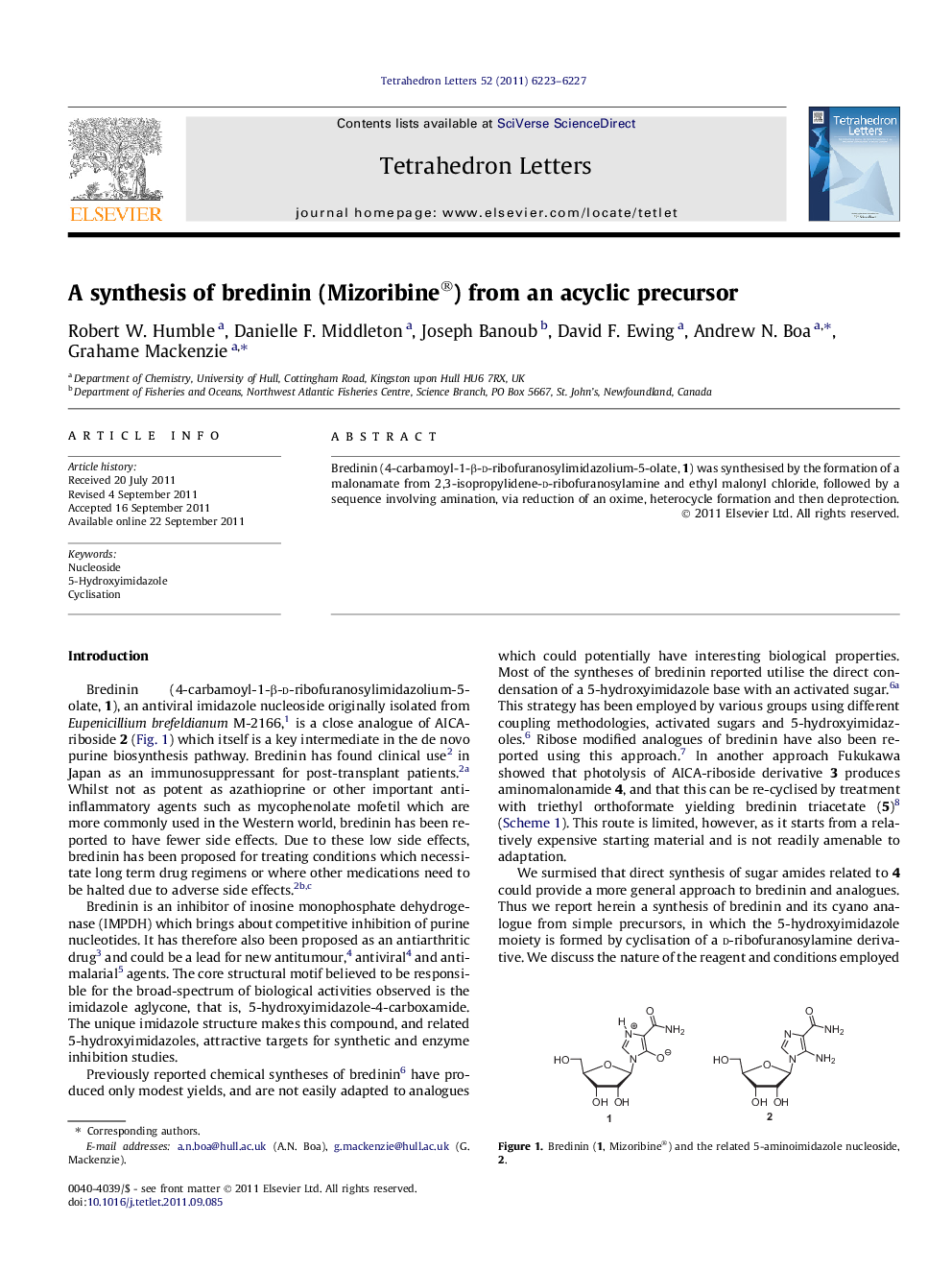 A synthesis of bredinin (Mizoribine®) from an acyclic precursor