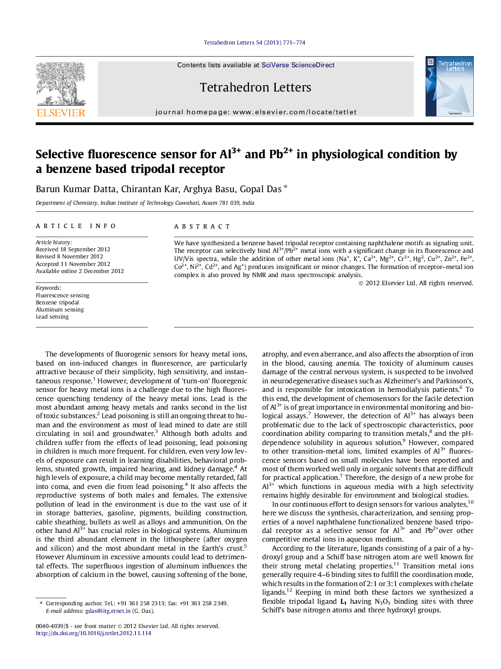 Selective fluorescence sensor for Al3+ and Pb2+ in physiological condition by a benzene based tripodal receptor