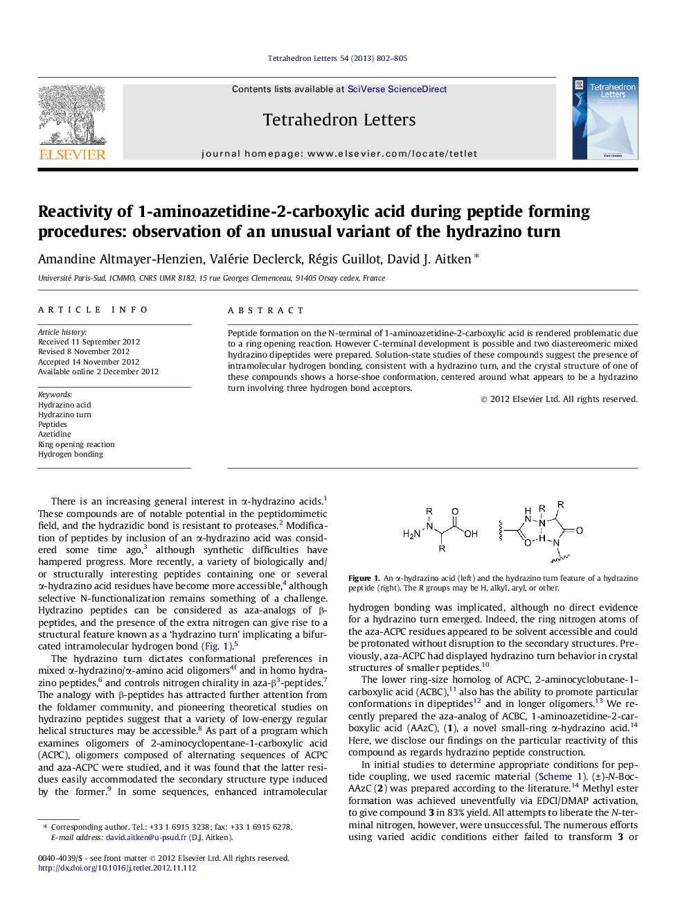 Reactivity of 1-aminoazetidine-2-carboxylic acid during peptide forming procedures: observation of an unusual variant of the hydrazino turn