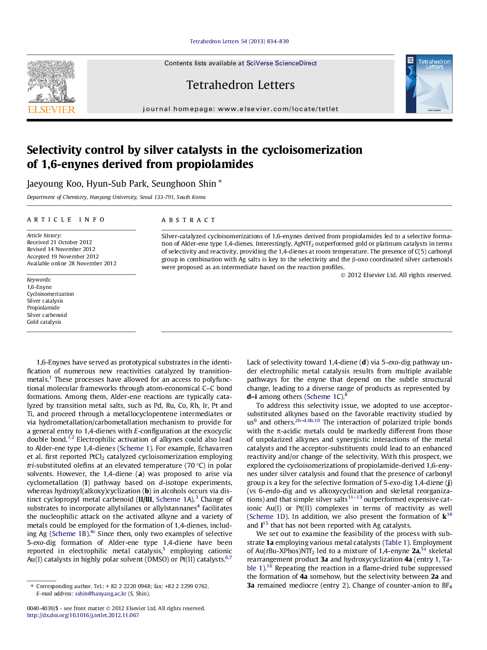 Selectivity control by silver catalysts in the cycloisomerization of 1,6-enynes derived from propiolamides