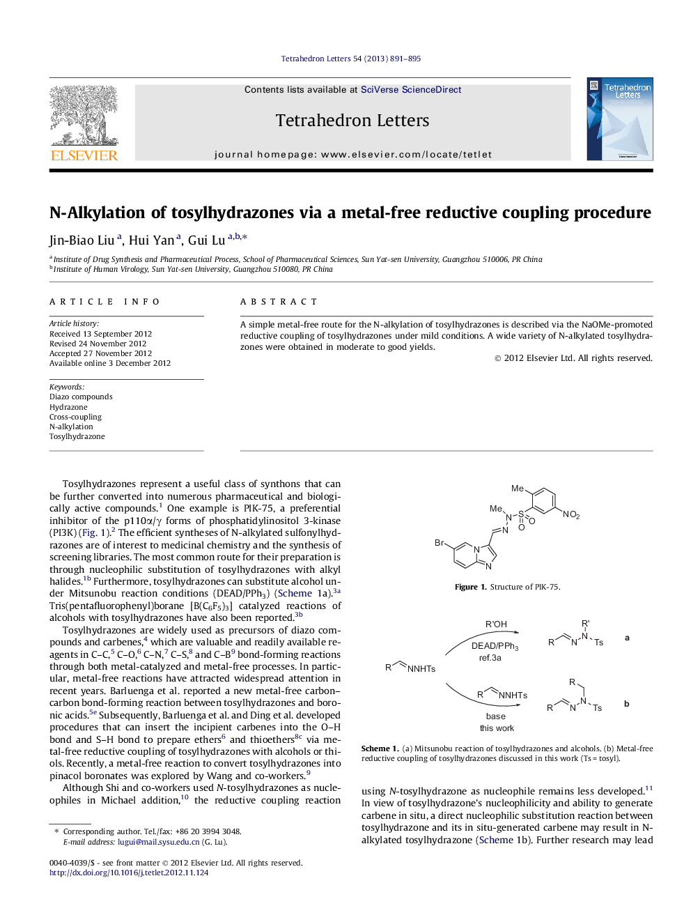 N-Alkylation of tosylhydrazones via a metal-free reductive coupling procedure