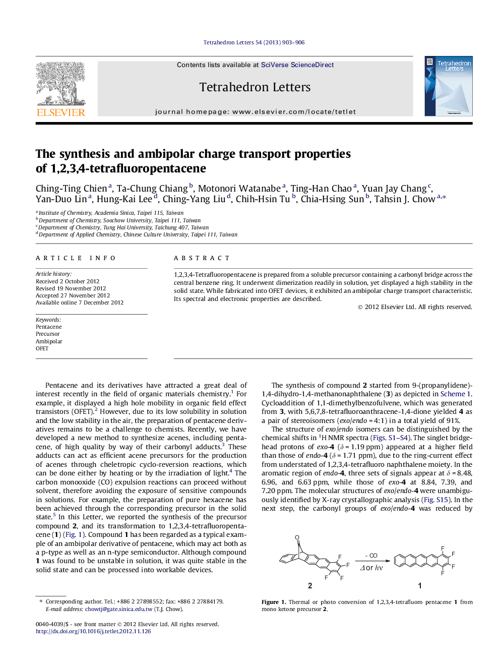 The synthesis and ambipolar charge transport properties of 1,2,3,4-tetrafluoropentacene