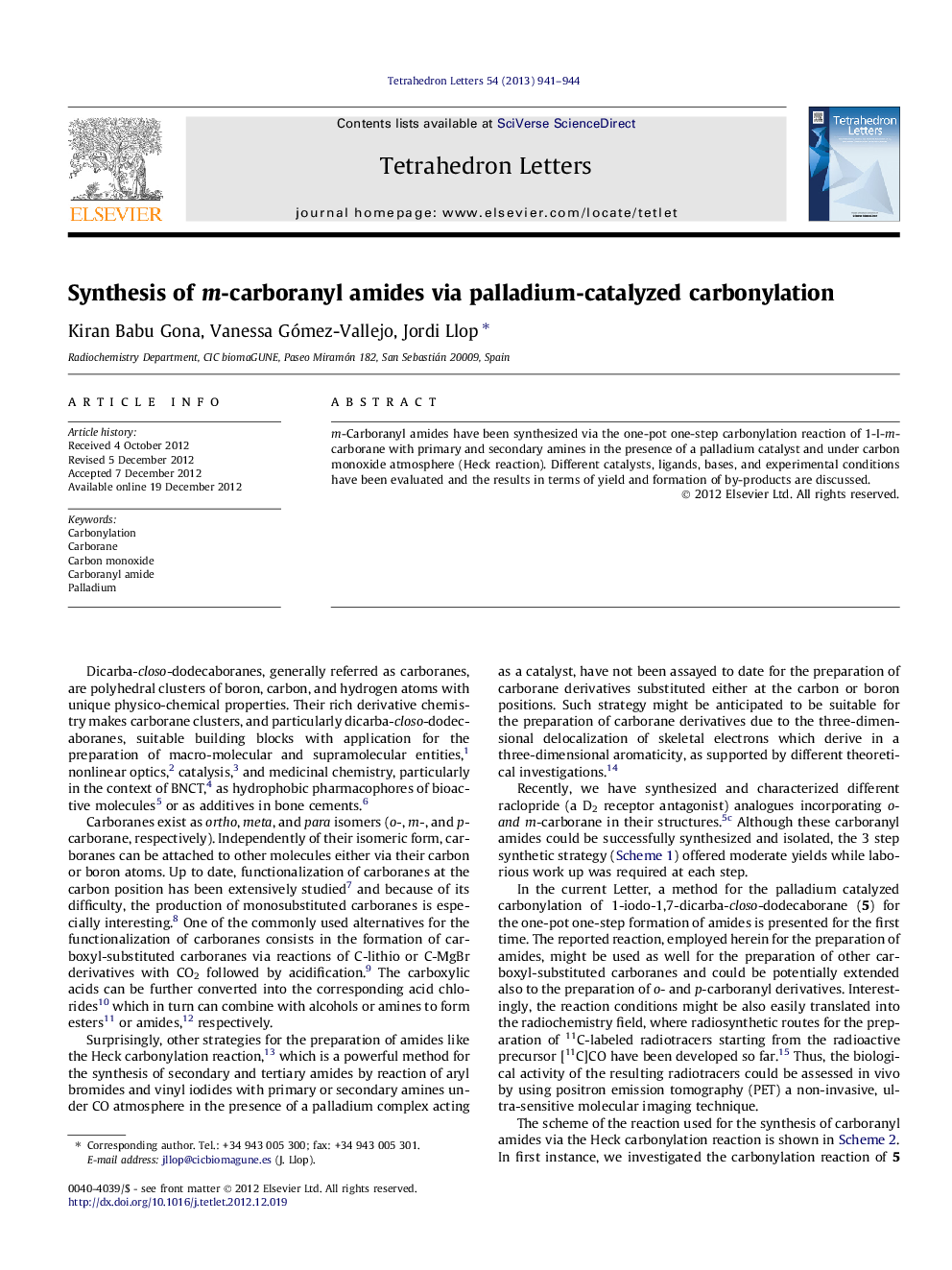 Synthesis of m-carboranyl amides via palladium-catalyzed carbonylation