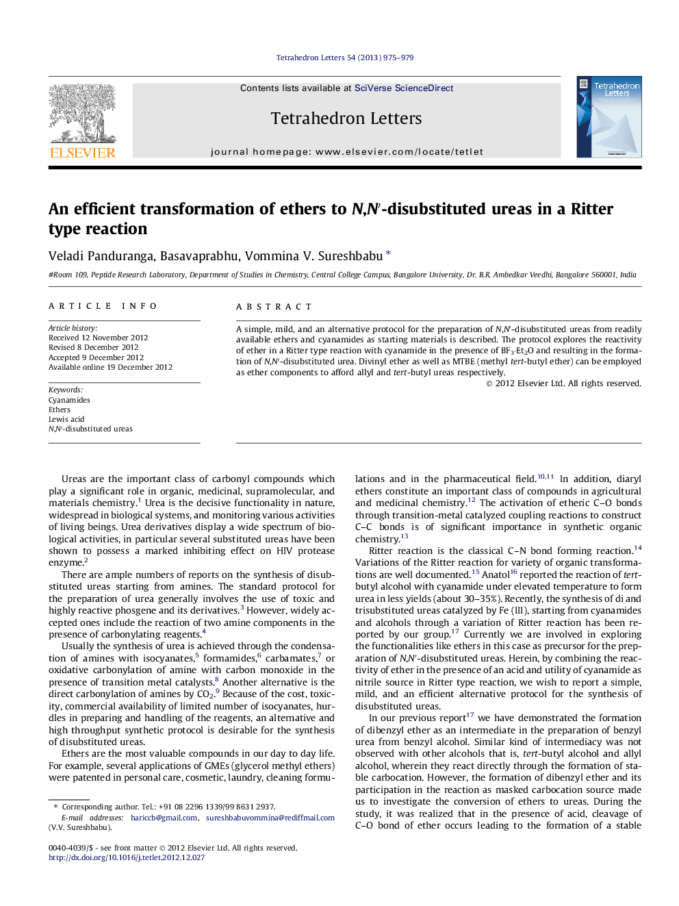 An efficient transformation of ethers to N,Nâ²-disubstituted ureas in a Ritter type reaction