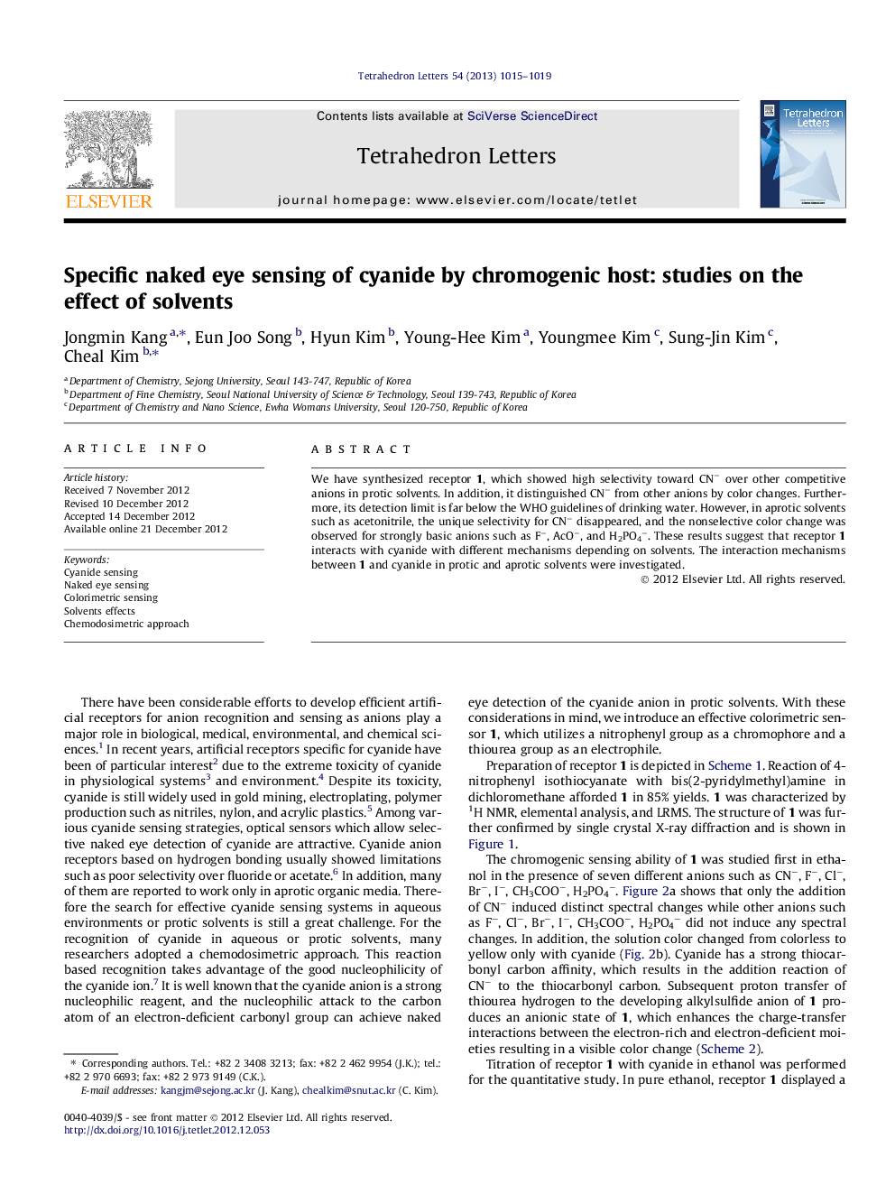 Specific naked eye sensing of cyanide by chromogenic host: studies on the effect of solvents