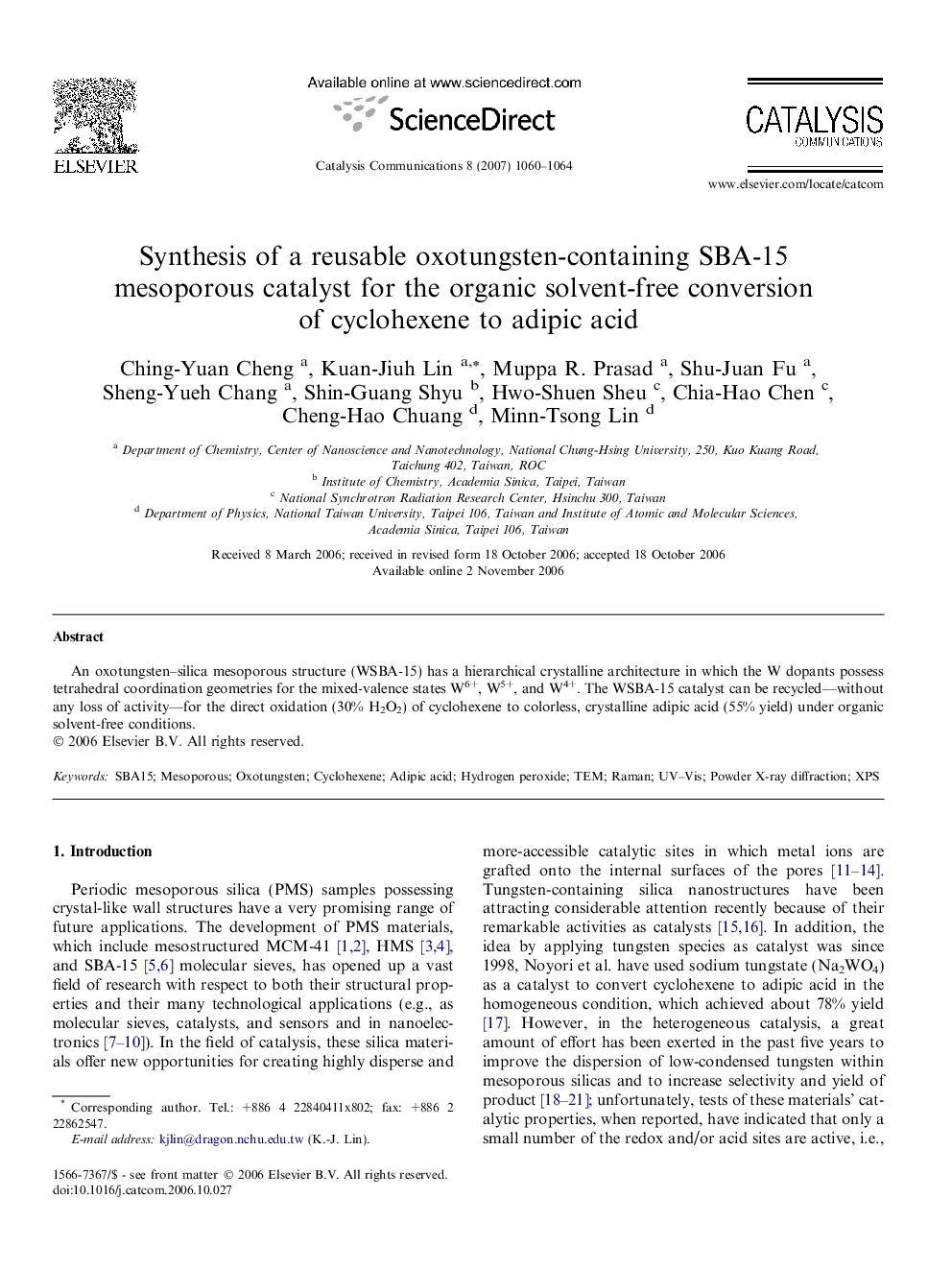 Synthesis of a reusable oxotungsten-containing SBA-15 mesoporous catalyst for the organic solvent-free conversion of cyclohexene to adipic acid