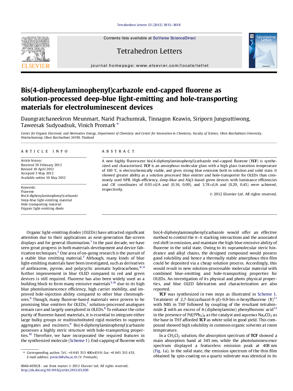 Bis(4-diphenylaminophenyl)carbazole end-capped fluorene as solution-processed deep-blue light-emitting and hole-transporting materials for electroluminescent devices