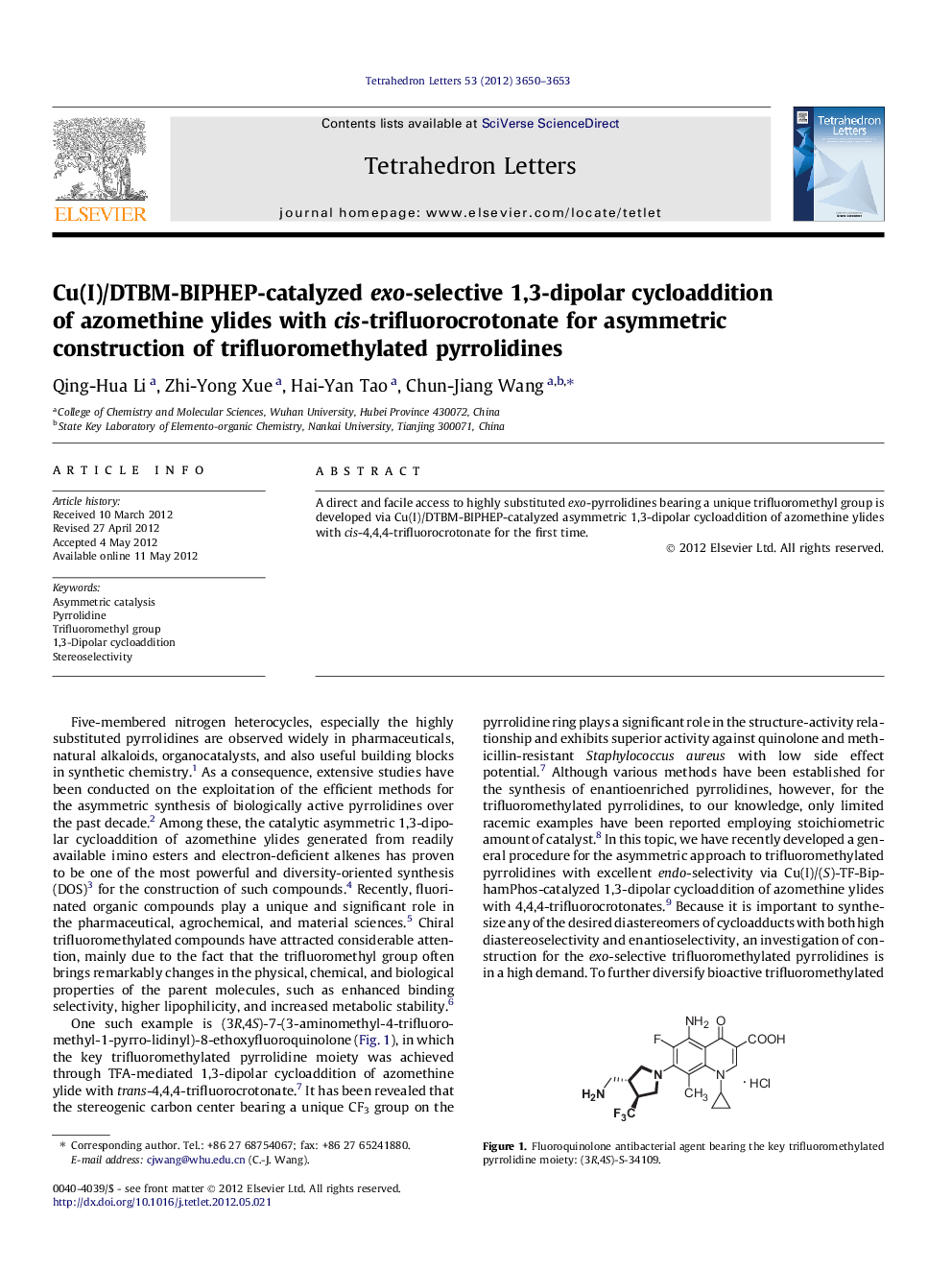 Cu(I)/DTBM-BIPHEP-catalyzed exo-selective 1,3-dipolar cycloaddition of azomethine ylides with cis-trifluorocrotonate for asymmetric construction of trifluoromethylated pyrrolidines