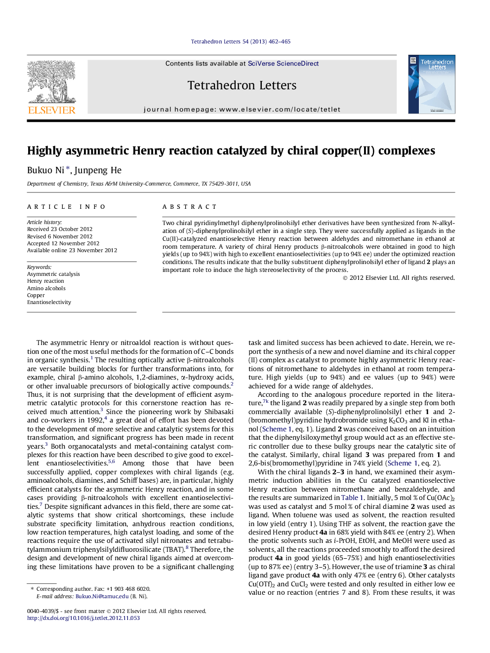 Highly asymmetric Henry reaction catalyzed by chiral copper(II) complexes