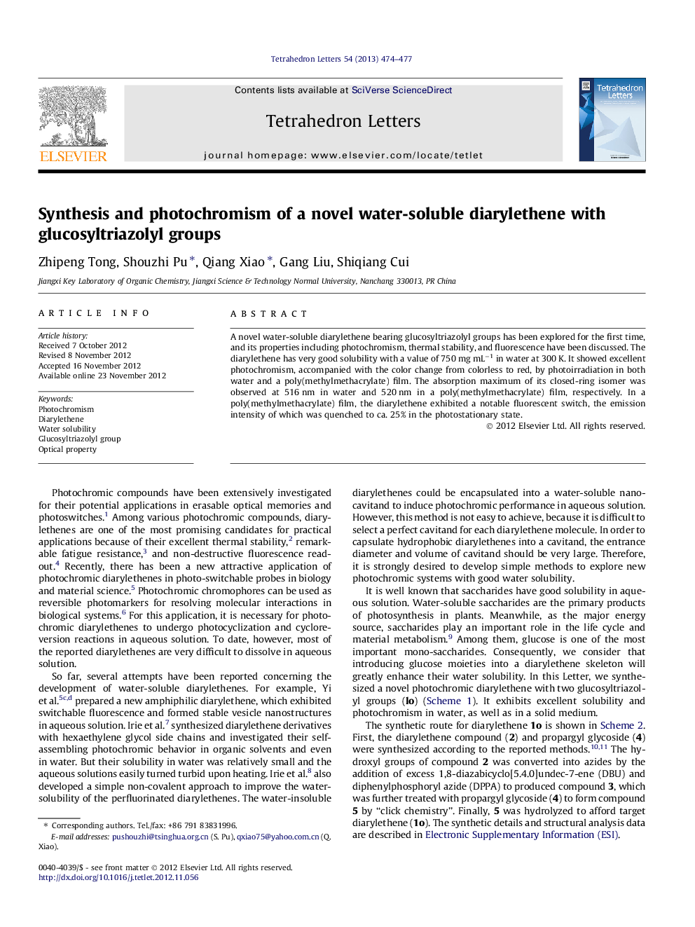 Synthesis and photochromism of a novel water-soluble diarylethene with glucosyltriazolyl groups