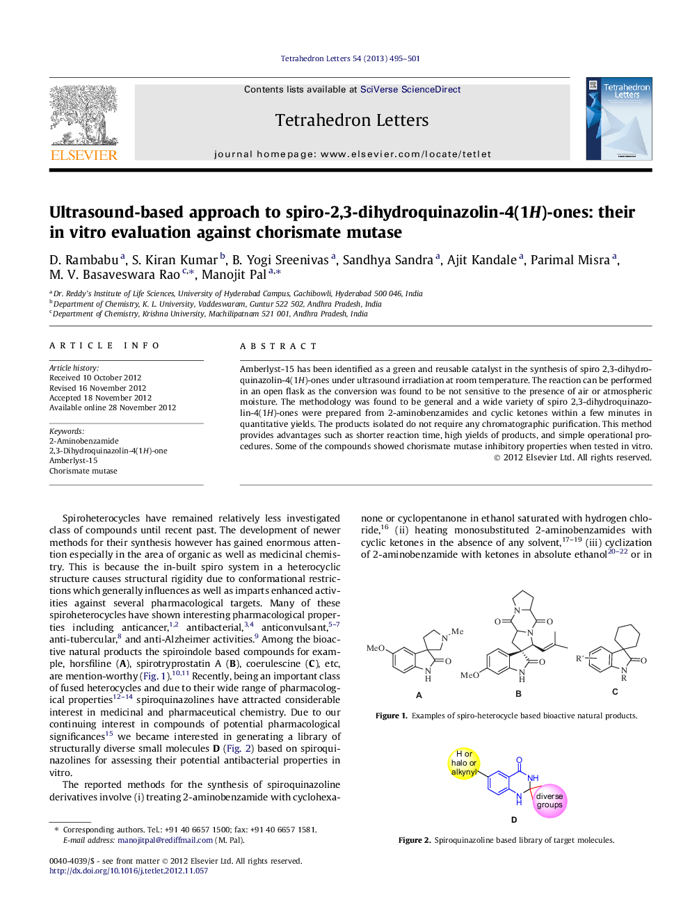 Ultrasound-based approach to spiro-2,3-dihydroquinazolin-4(1H)-ones: their in vitro evaluation against chorismate mutase