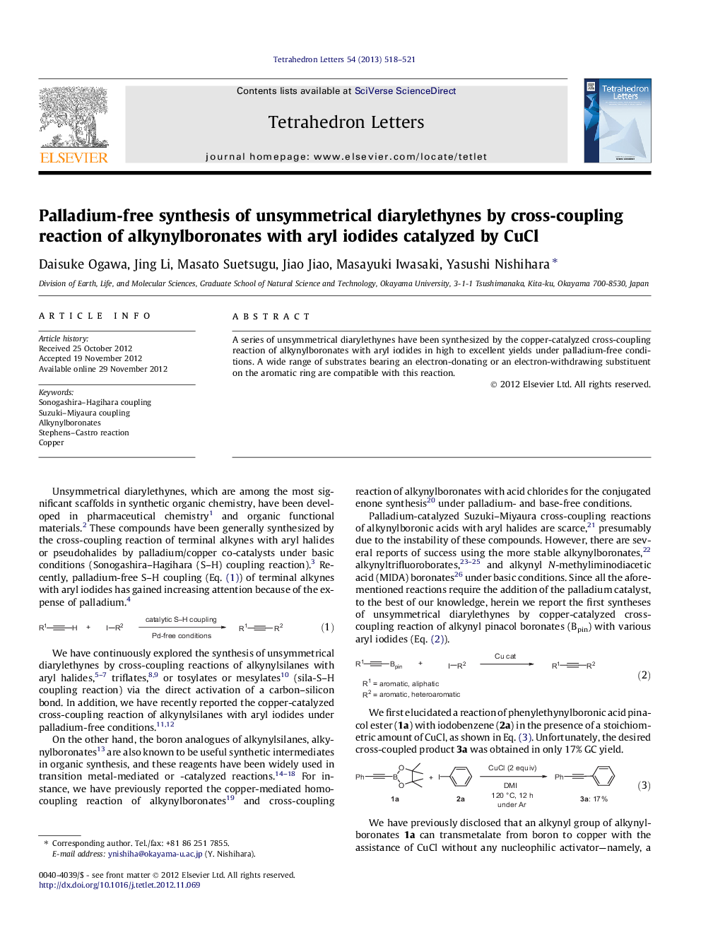 Palladium-free synthesis of unsymmetrical diarylethynes by cross-coupling reaction of alkynylboronates with aryl iodides catalyzed by CuCl