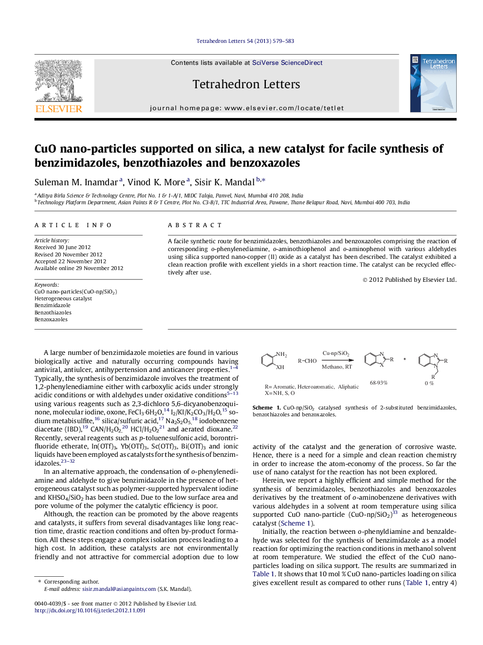 CuO nano-particles supported on silica, a new catalyst for facile synthesis of benzimidazoles, benzothiazoles and benzoxazoles