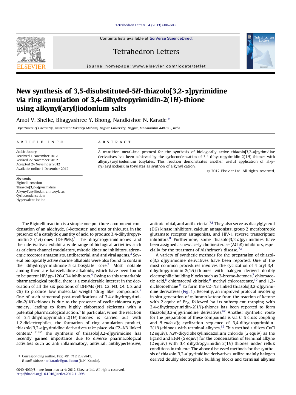 New synthesis of 3,5-disubstituted-5H-thiazolo[3,2-a]pyrimidine via ring annulation of 3,4-dihydropyrimidin-2(1H)-thione using alkynyl(aryl)iodonium salts