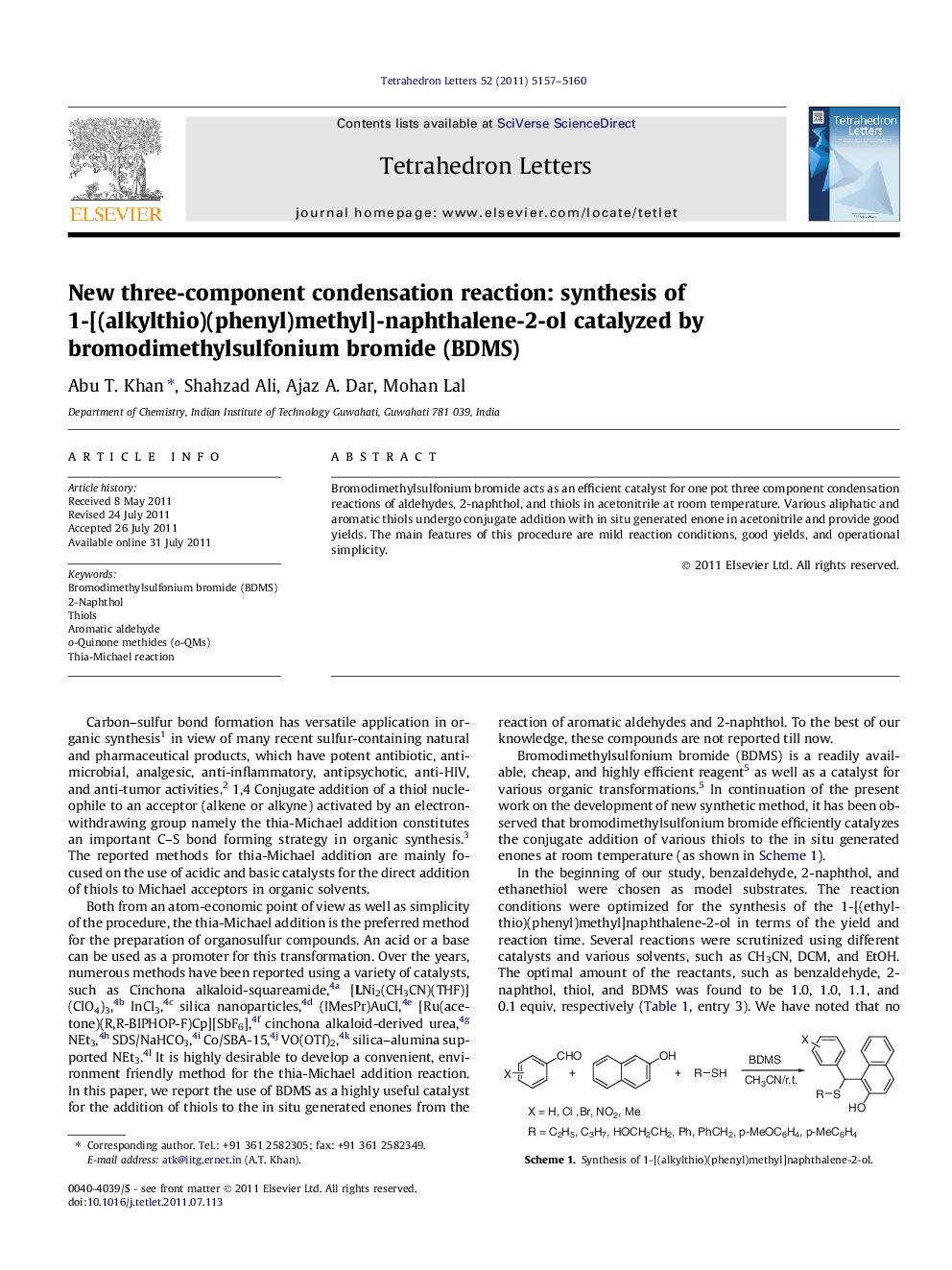 New three-component condensation reaction: synthesis of 1-[(alkylthio)(phenyl)methyl]-naphthalene-2-ol catalyzed by bromodimethylsulfonium bromide (BDMS)