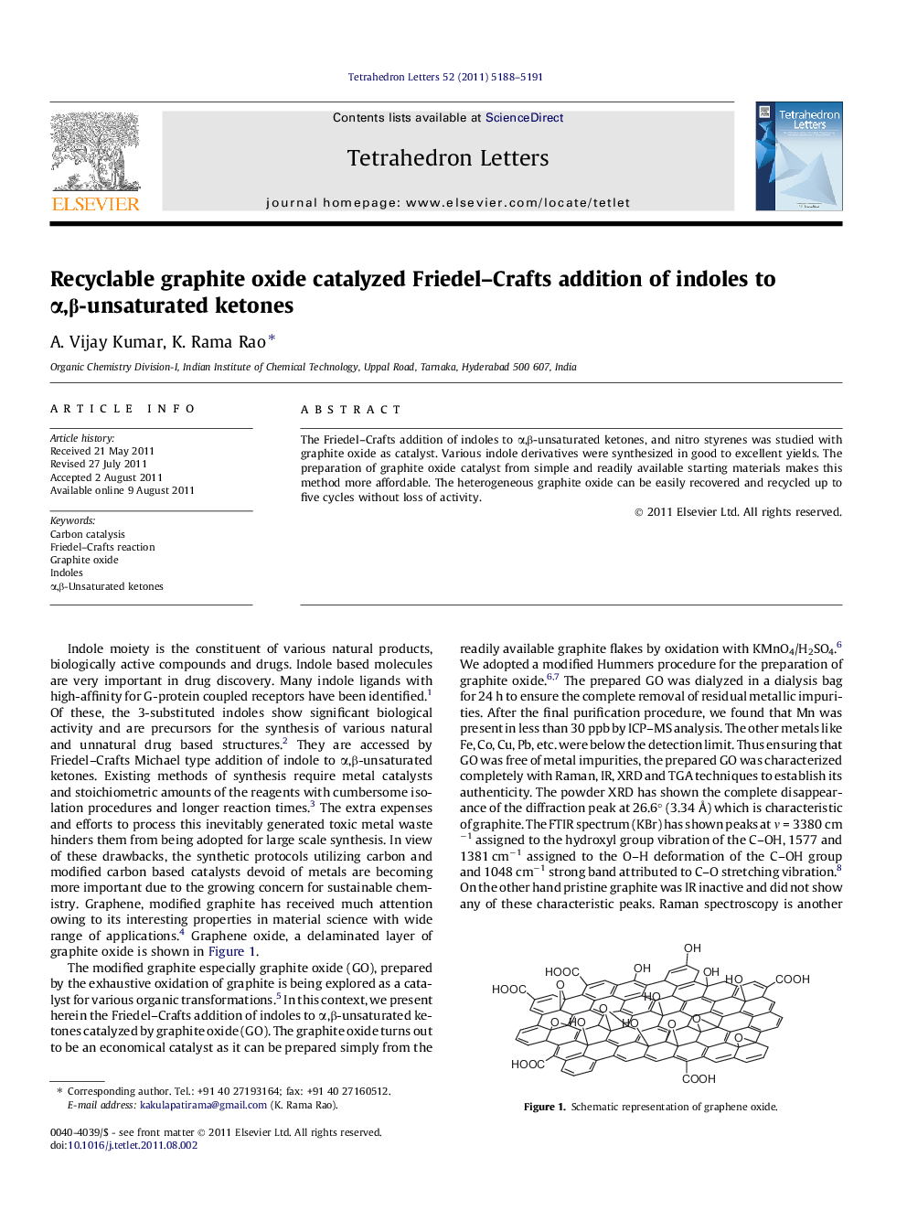 Recyclable graphite oxide catalyzed Friedel-Crafts addition of indoles to Î±,Î²-unsaturated ketones