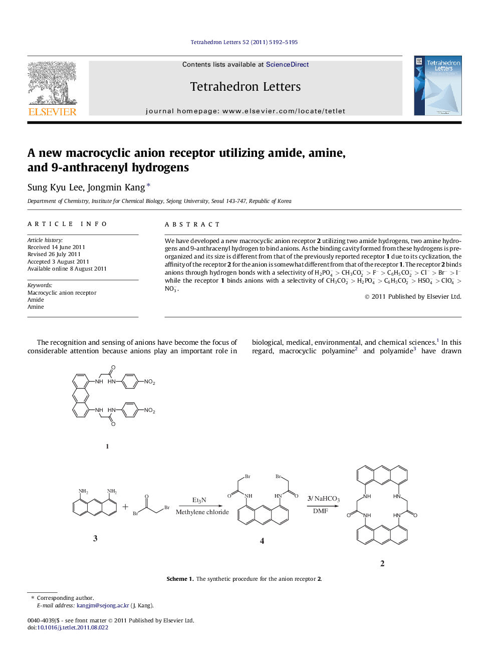 A new macrocyclic anion receptor utilizing amide, amine, and 9-anthracenyl hydrogens