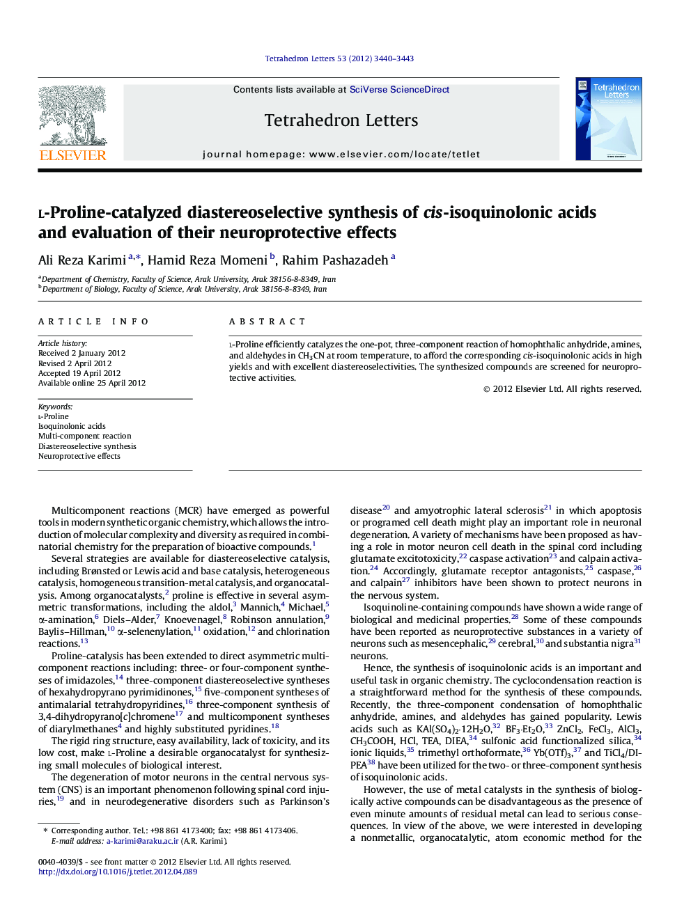 l-Proline-catalyzed diastereoselective synthesis of cis-isoquinolonic acids and evaluation of their neuroprotective effects