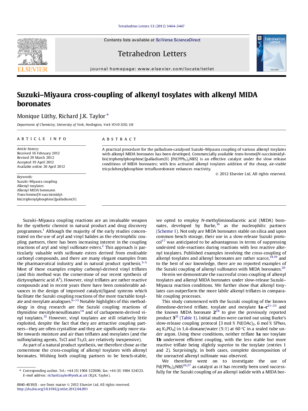 Suzuki-Miyaura cross-coupling of alkenyl tosylates with alkenyl MIDA boronates