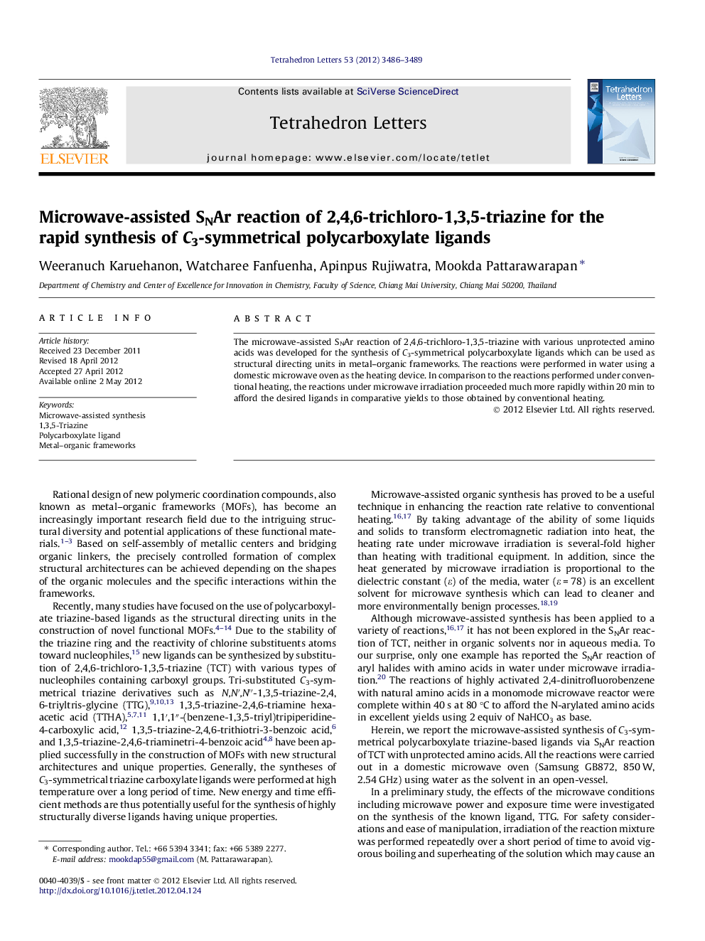 Microwave-assisted SNAr reaction of 2,4,6-trichloro-1,3,5-triazine for the rapid synthesis of C3-symmetrical polycarboxylate ligands