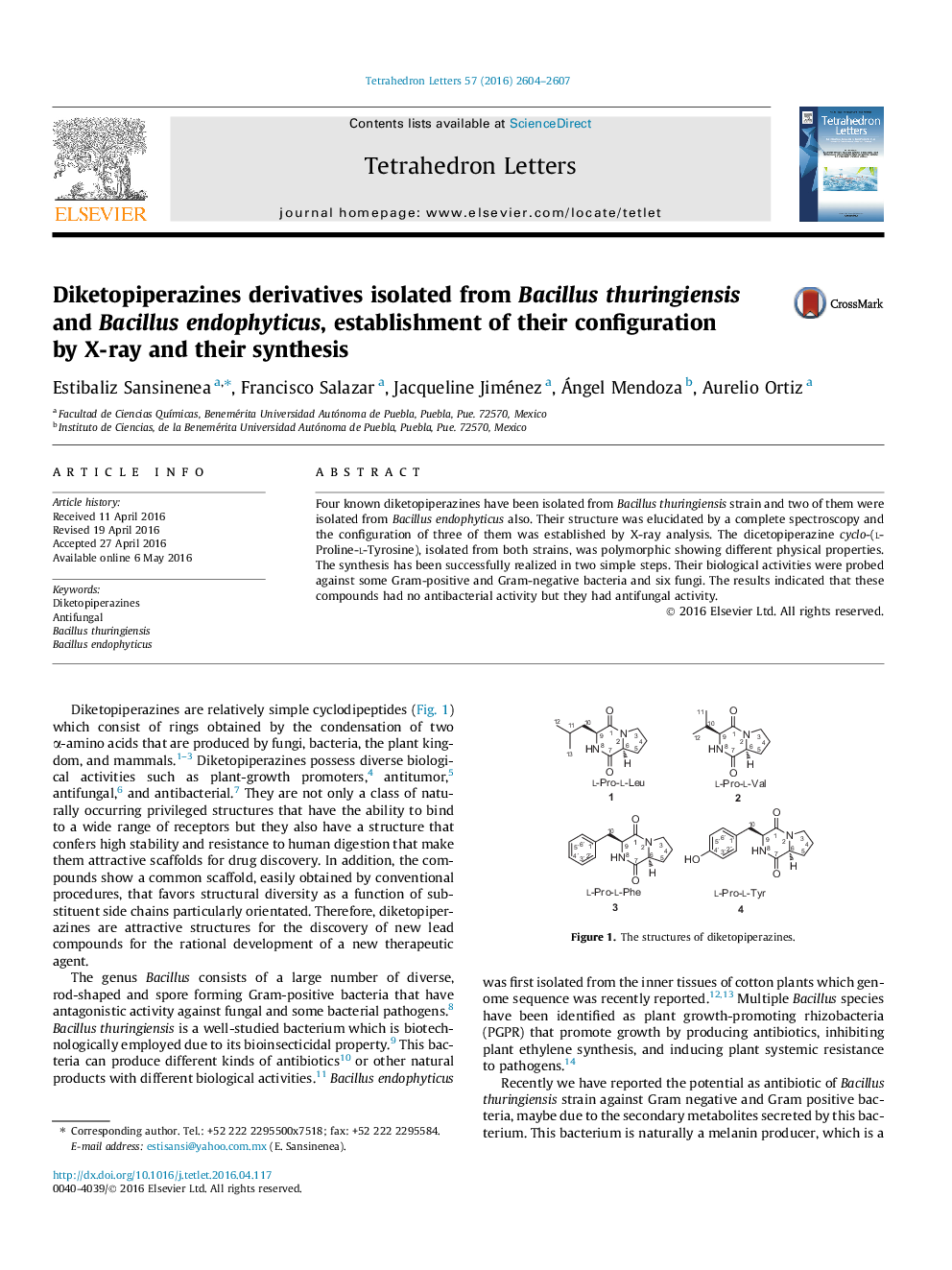 Diketopiperazines derivatives isolated from Bacillus thuringiensis and Bacillus endophyticus, establishment of their configuration by X-ray and their synthesis