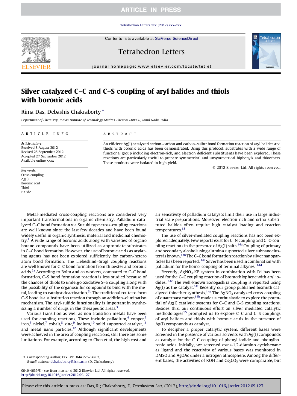 Silver catalyzed C-C and C-S coupling of aryl halides and thiols with boronic acids