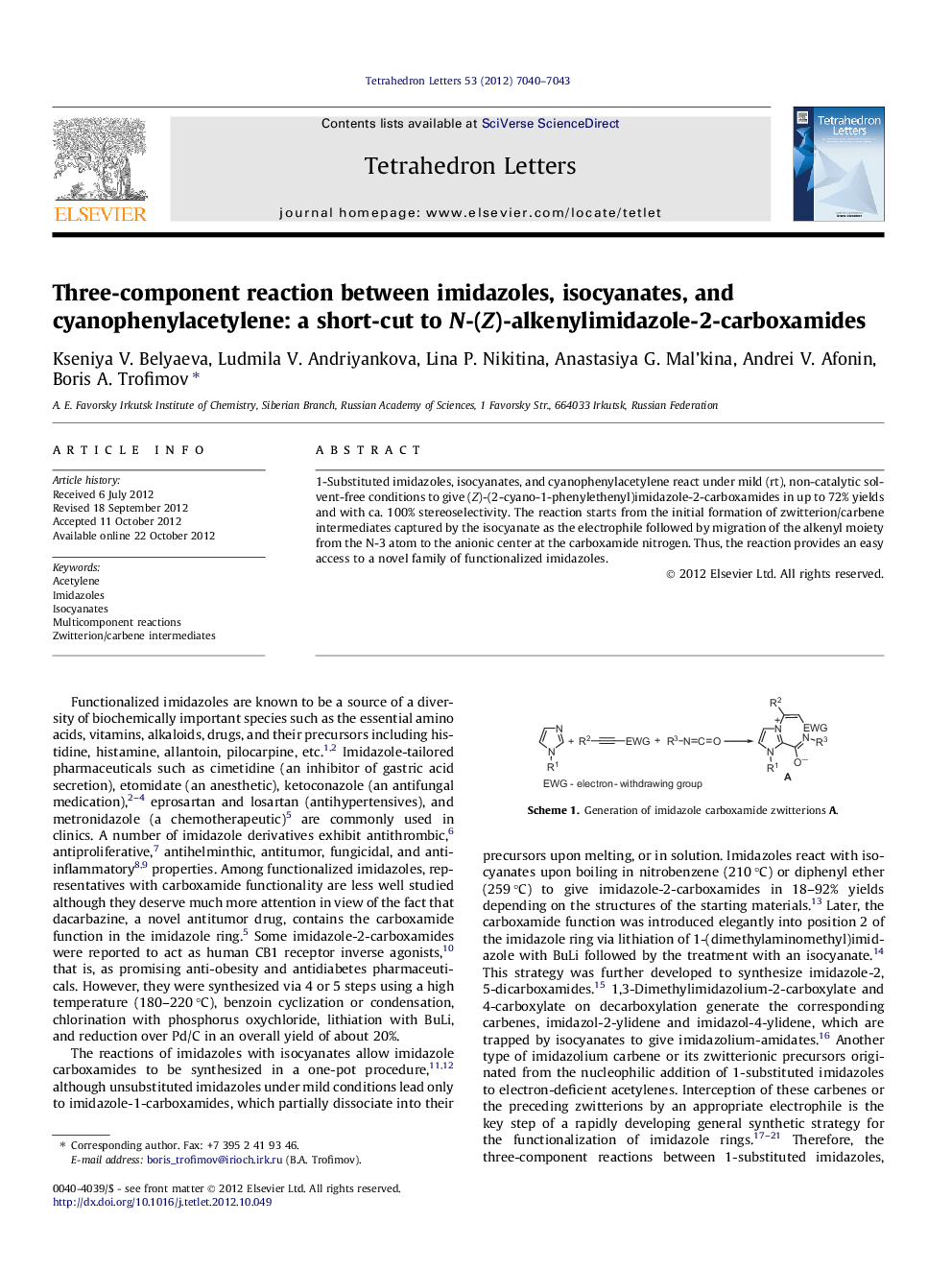 Three-component reaction between imidazoles, isocyanates, and cyanophenylacetylene: a short-cut to N-(Z)-alkenylimidazole-2-carboxamides