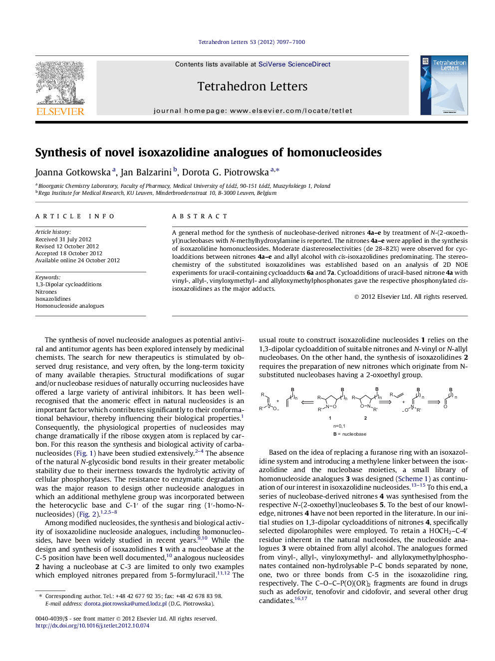 Synthesis of novel isoxazolidine analogues of homonucleosides