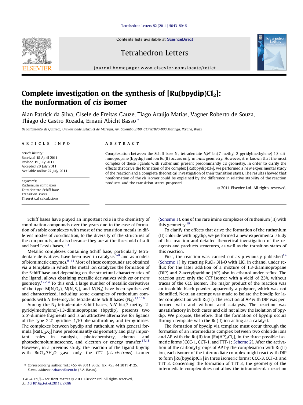 Complete investigation on the synthesis of [Ru(bpydip)Cl2]: the nonformation of cis isomer