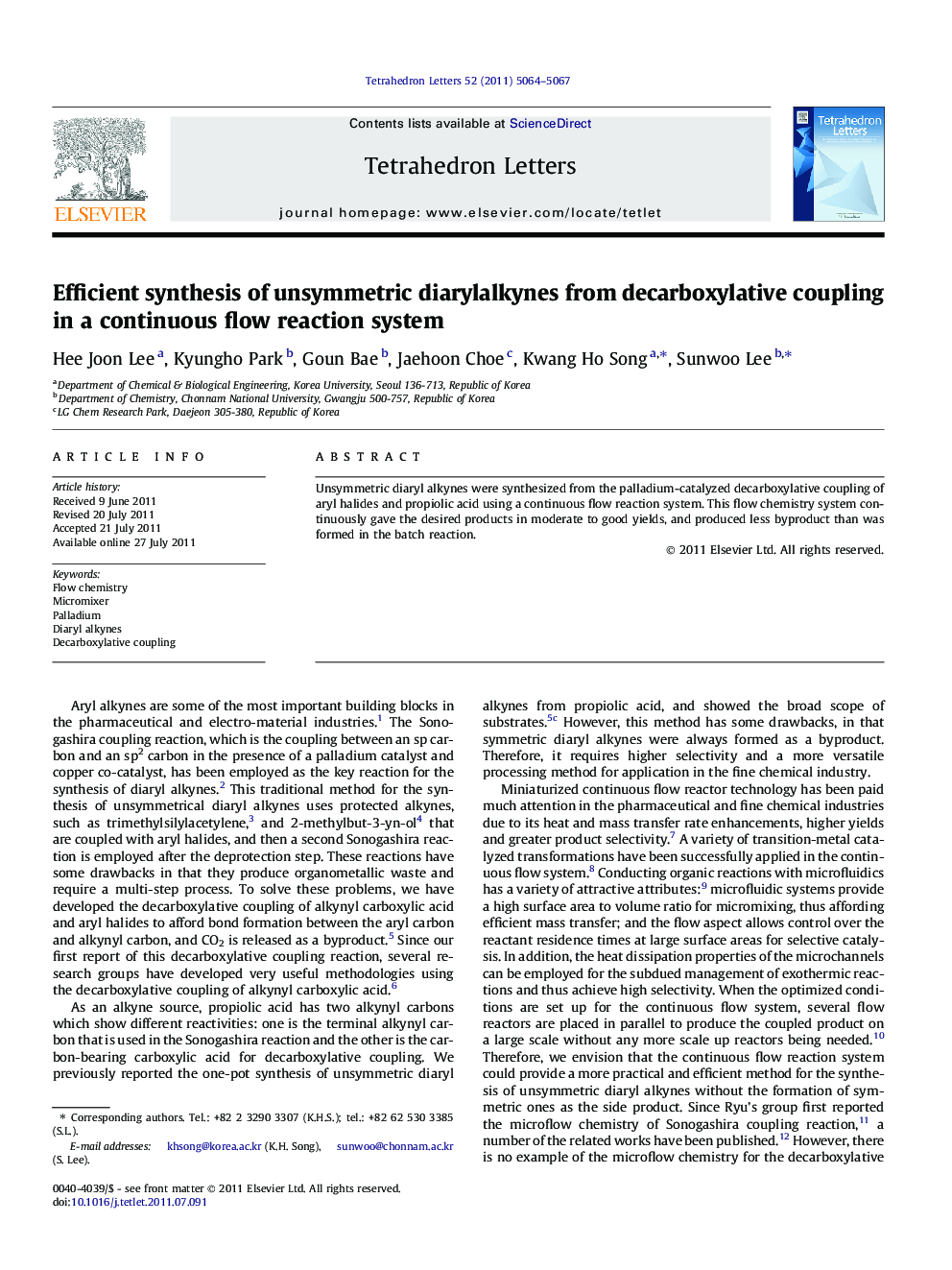 Efficient synthesis of unsymmetric diarylalkynes from decarboxylative coupling in a continuous flow reaction system