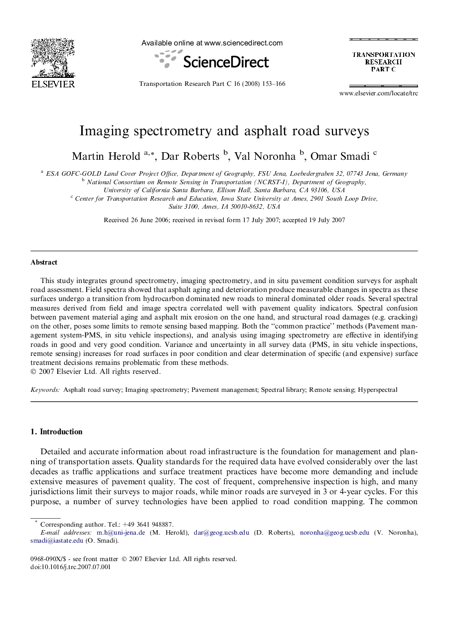 Imaging spectrometry and asphalt road surveys