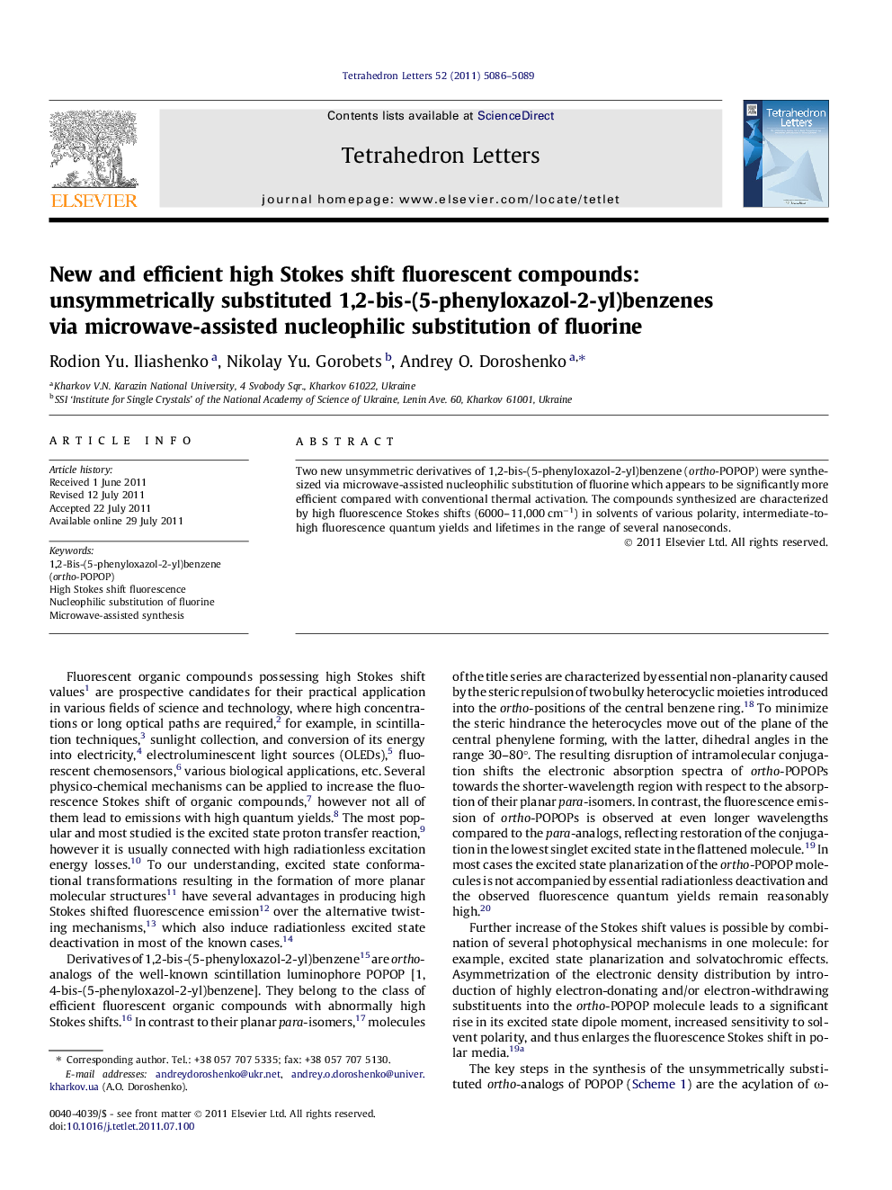 New and efficient high Stokes shift fluorescent compounds: unsymmetrically substituted 1,2-bis-(5-phenyloxazol-2-yl)benzenes via microwave-assisted nucleophilic substitution of fluorine