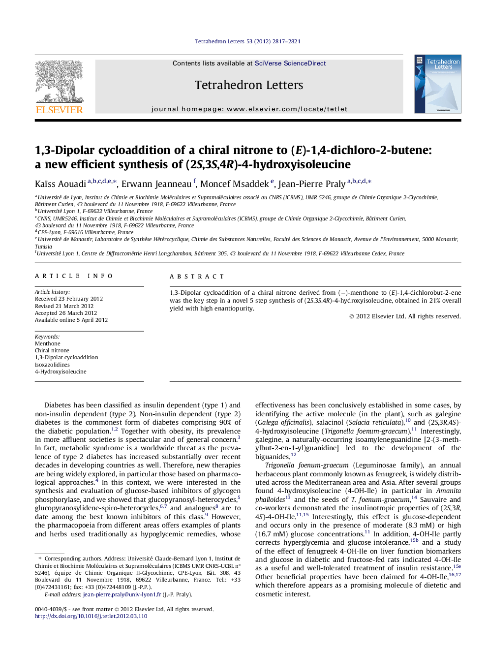 1,3-Dipolar cycloaddition of a chiral nitrone to (E)-1,4-dichloro-2-butene: a new efficient synthesis of (2S,3S,4R)-4-hydroxyisoleucine