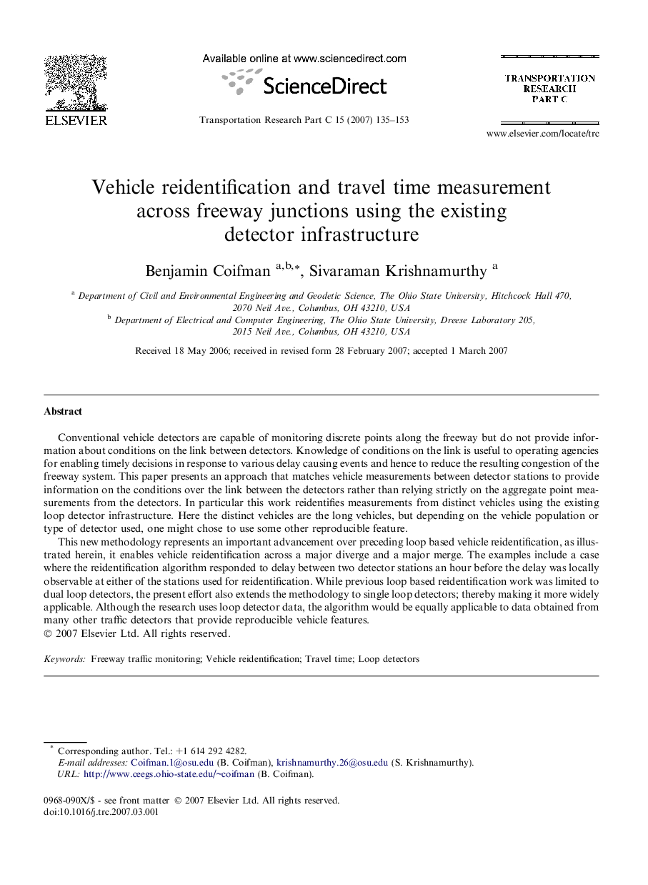Vehicle reidentification and travel time measurement across freeway junctions using the existing detector infrastructure